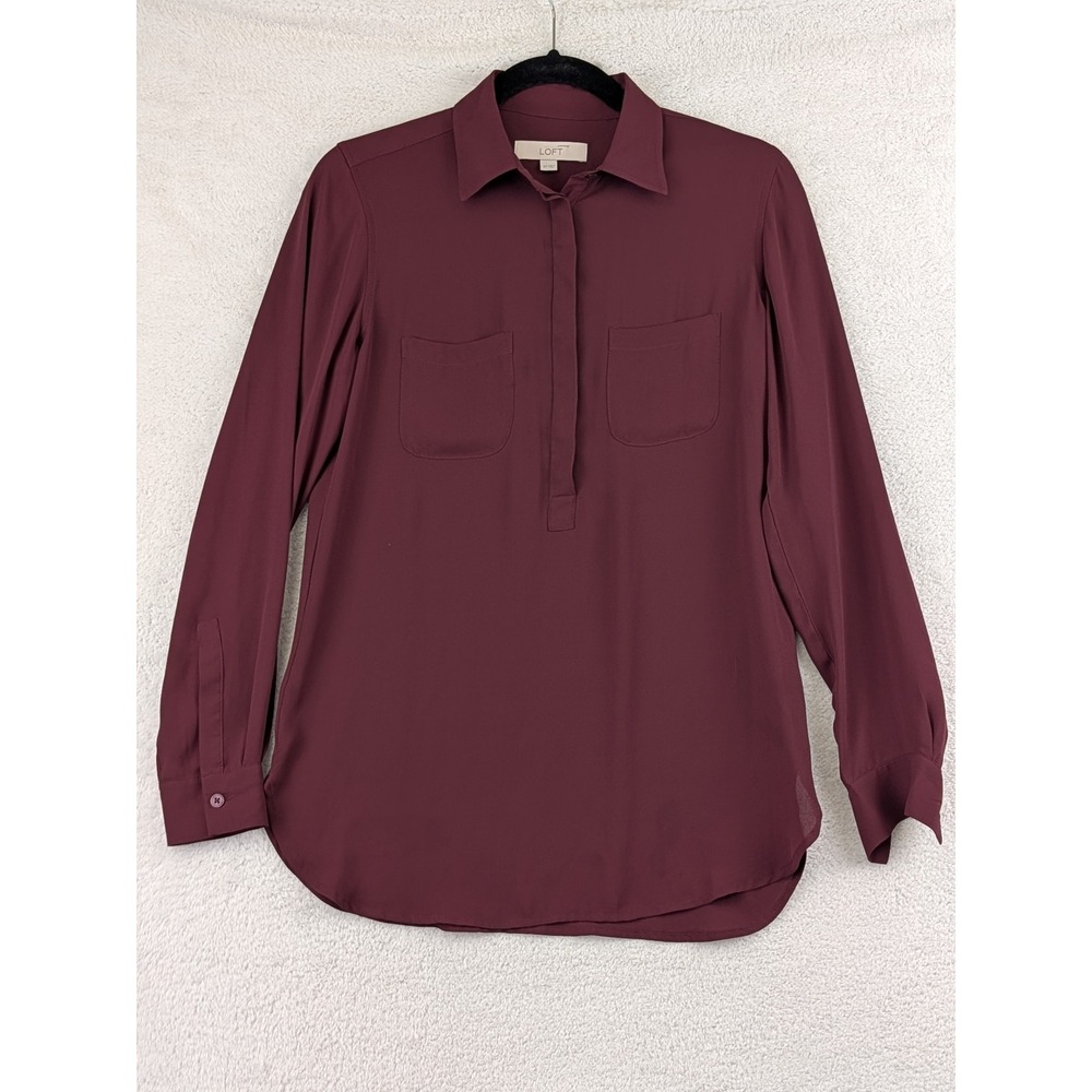 LOFT Womens Burgundy Wine Long Sleeve Utility Blouse Hidden Button Front XS